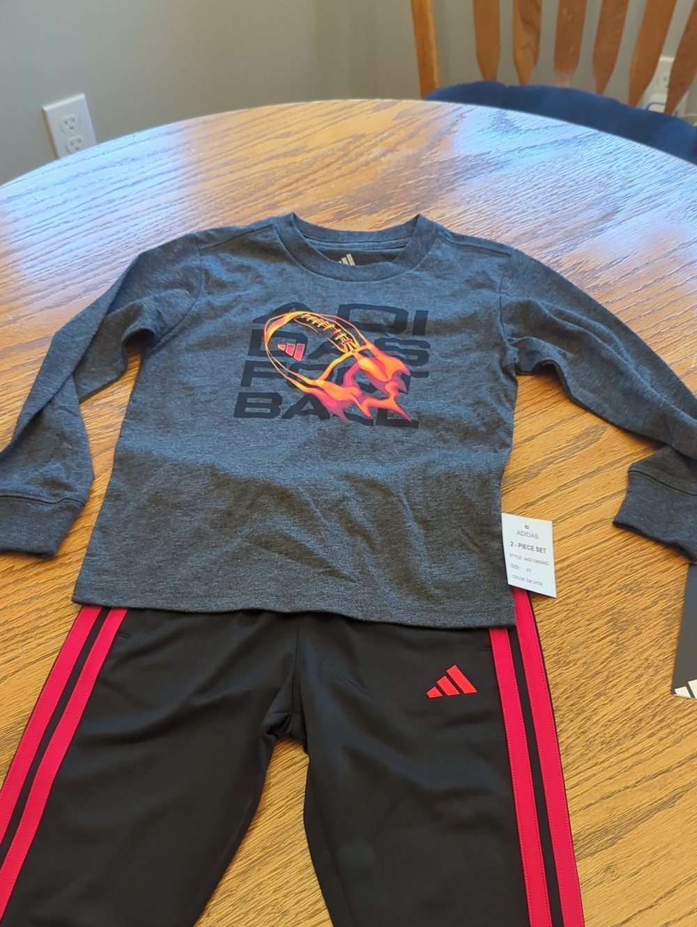 adidas Kids Grey Top and Black Pants Set with Red Accents and Flame Graphic